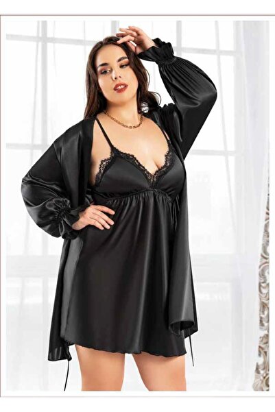 Viselya Δαντέλα Λεπτομερές Μαύρο Σετ Σατέν Ρόμπα-Νυχτικό σε Μεγάλο Μέγεθος