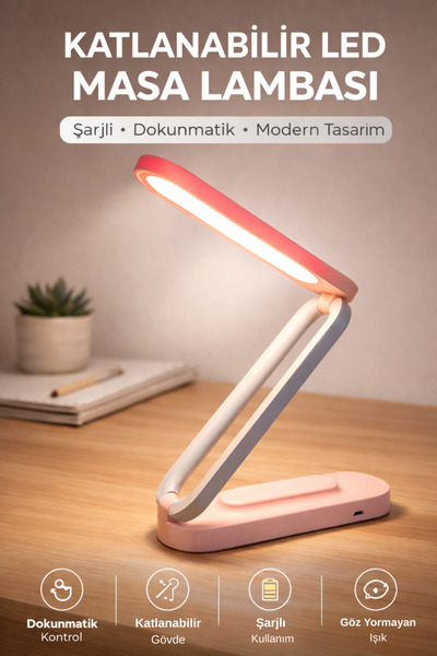 Edison Pembe Katlanabilir LED Masa Lambası 3 Işık Modu Şarjlı Dokunmatik Masa...