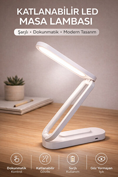 Edison Beyaz Katlanabilir LED Masa Lambası 3 Işık Modu Şarjlı Dokunmatik Masa...