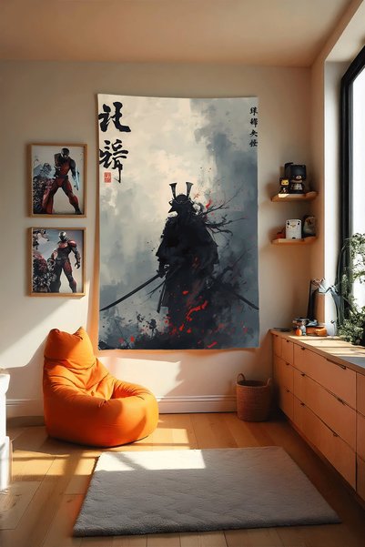 Charmbi Samurai Warrior Horizontal Wall Covering – Large Size Tapestry Wall Rug Si, Game Anime Movie Room Decor