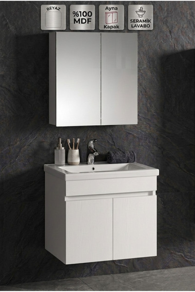 Multi Series 65 cm Beyaz Banyo Dolabı Takımı - Seramik Lavabolu ve Aynalı Haz...
