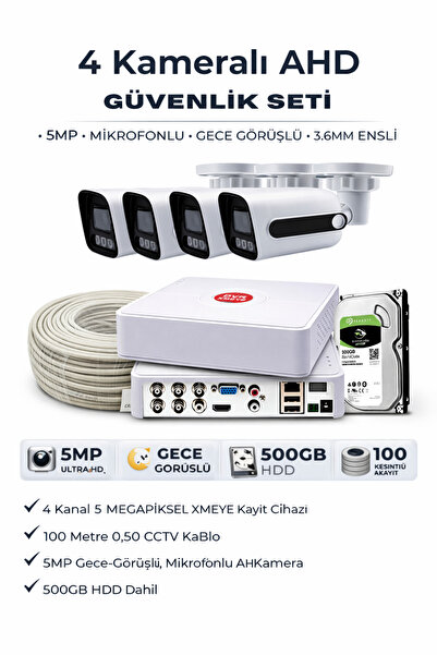 5MP 4 Kameralı Güvenlik Kamera Seti Gece Görüşlü Mikrofonlu 2.8mm Geniş Açılı