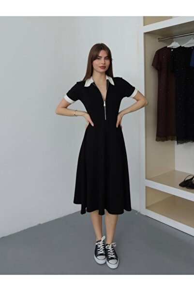 AmorLuxe Women's Polo Collar Zipper Detailed Modal Midi Dress