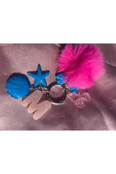M Harfli İstiridye Silver halka Epoxy kelebek charm ponponlu anahtarlık