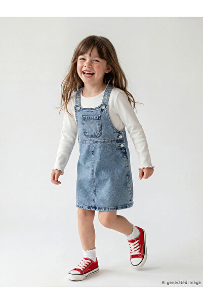 LC Waikiki LCW Kids Rochie Salopetă din denim pentru fete, cu fundă și strasu...