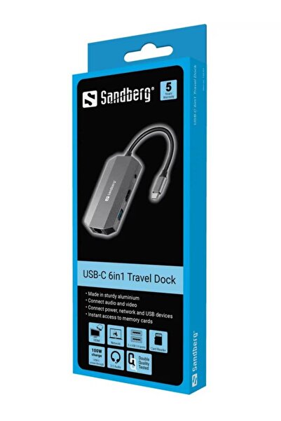 Sandberg Stație de andocare de călătorie USB-C 6 în 1