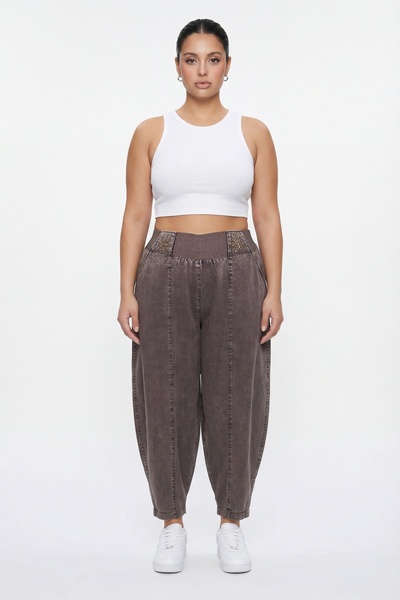 EXİTLİNE Women's Brown Summer Shalwar Denim Pants with Elastic Waist and Ribb...