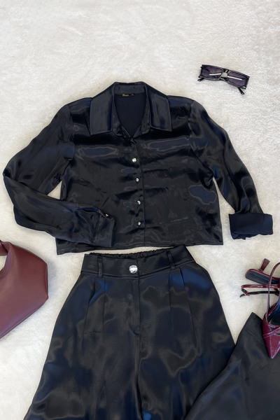 Estelle Silver Button Cropped Satin Shirt - Black Black