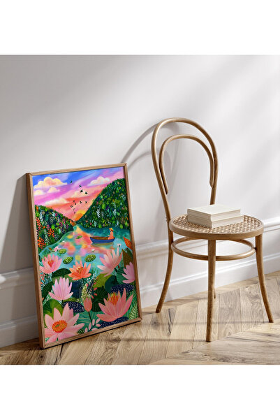 Tuba Decor Tablou cu floare de lotus roz, înrămat într-o singură bucată de lemn