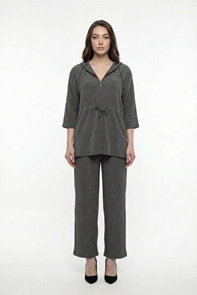 EXİTLİNE Women's Khaki Summer Hoodie with Elastic Waist and Laces Top and Bot...