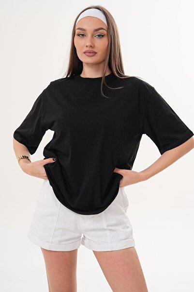 ŞİMAL تي شيرت نسائي كبير الحجم بياقة دائرية وتفاصيل طباعة على الظهر 260259 -