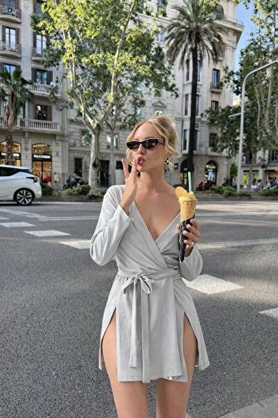 COMBİNE MİCHAİL Kimono gri cu curea pentru femei, vara basic