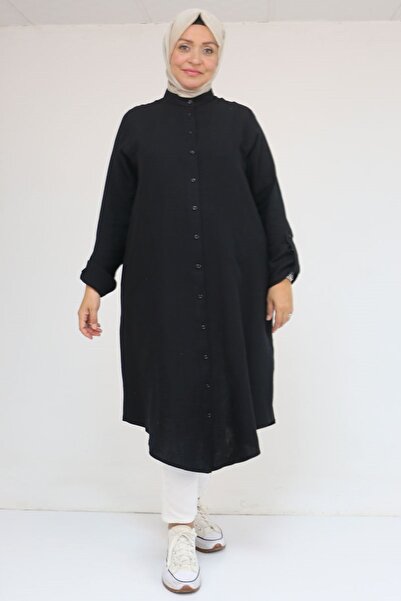 Eslina 68013 Büyük Beden Tek Düğme Detaylı Müslin Gömlek - Siyah