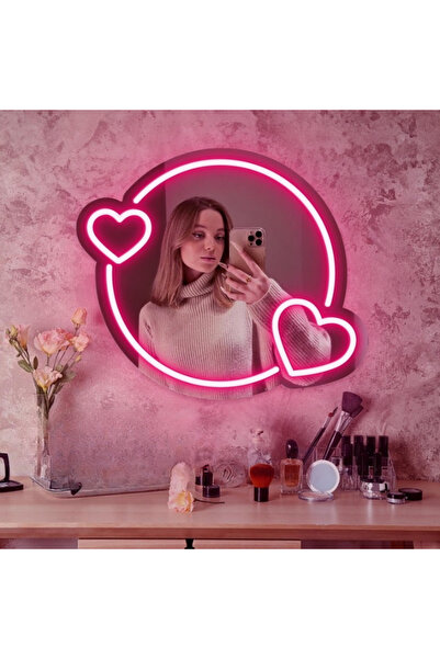 Slasa Love Heart Neon LED Mirror Light 42x40 cm Pink Decorative Mirror with 8...