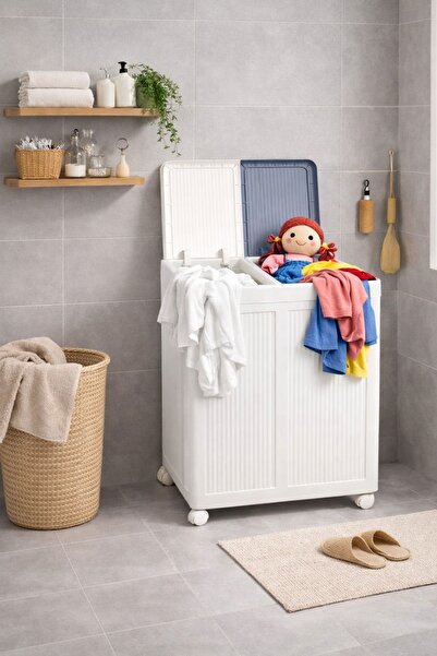 Alezy Çift Bölmeli Tekerlekli Katlanabilir Çamaşır Sepeti