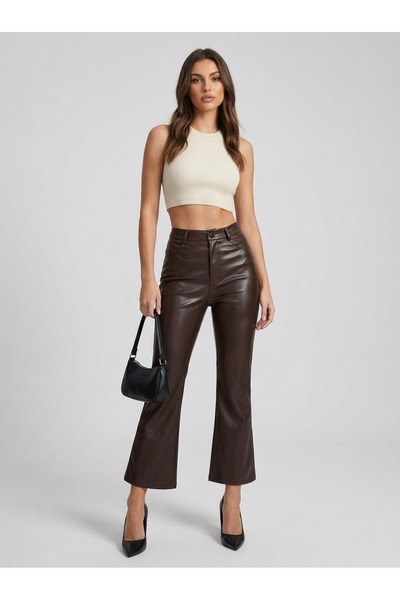 Grenj Fashion Brown Faux Leather Ankle-Length High Waist Flare Pants