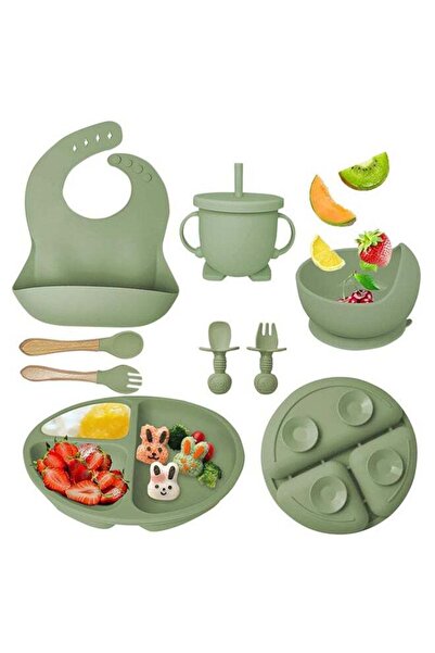 Arabest مجموعة أدوات مائدة لإطعام الأطفال مكونة من 8 قطع، لون أخضر