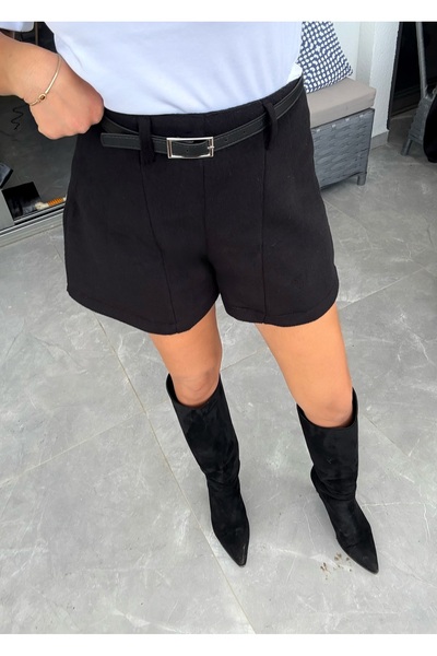 By yarendokgoz Siyah şort bermuda kemerli düz kesim fermuarlı