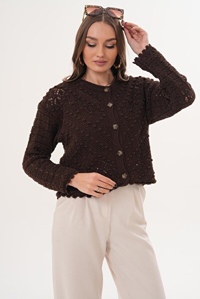 ŞİMAL Ženski pleteni kardigan sa pomponima i dugmićima Sa deznom Pleteno 260444