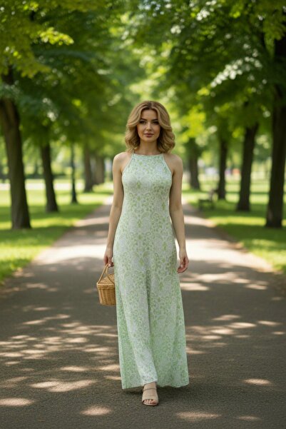 Mossta Patterned Halter Neck Daily Maxi Single Jersey Dress - Green