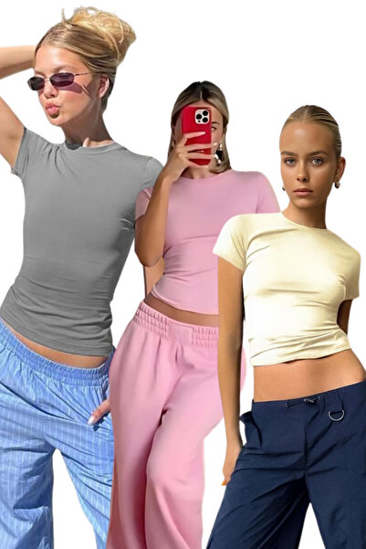 Madmext Κίτρινο/Ροζ/Βαμμένο γκρι μπλουζάκι με λαιμόκοψη ποδηλάτου Basic γυναι...