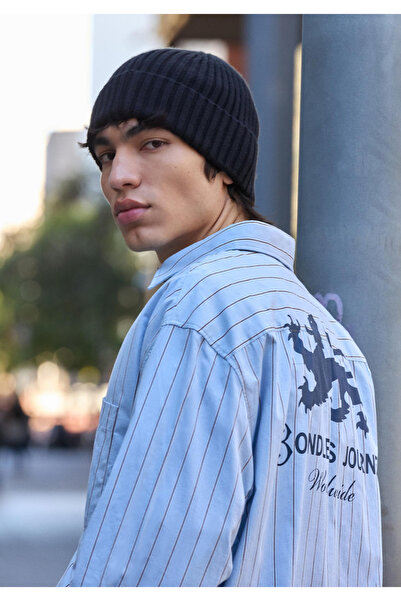 Yeva Mavi Çizgili Ejder Desenli Uzun Kol Erkek Gömlek