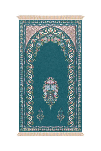 Bursa İpek Petrol Blue Ivy Pattern Embossed Special Woven Prayer Rug