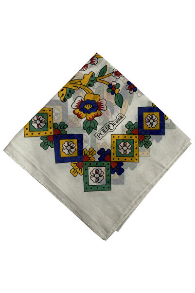 POLO CRAFT Yöresel Sarı Lacivert Desenli Beyaz Yazma 100 cm