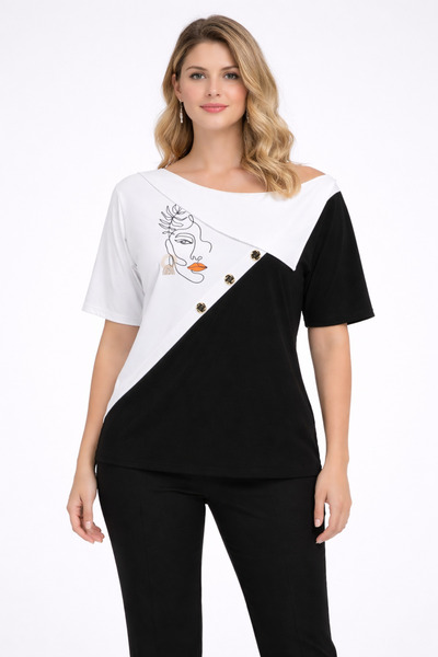 Şans Women's Plus Size Black-White, Boat Neck, Print Detailed Blouse 65N39410