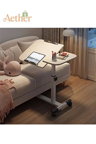 Aether طاولة جانبية بيضاء، قابلة لتعديل الارتفاع، قابلة للطي، قابلة للدوران، ...