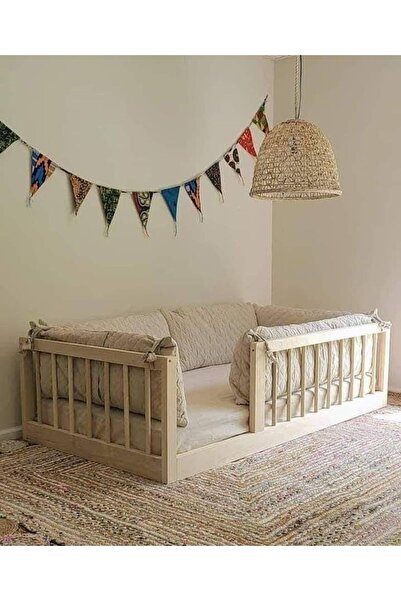BRK Design Ayaksız Montessori Çocuk Yatağı – Doğal Ahşap Karyola (Korkuluklu ...