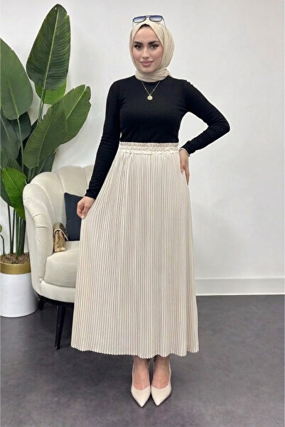 Tesettür Diyarı Γυναικεία Πλισέ Φούστα από Ύφασμα Κρεπ-Κρεμ