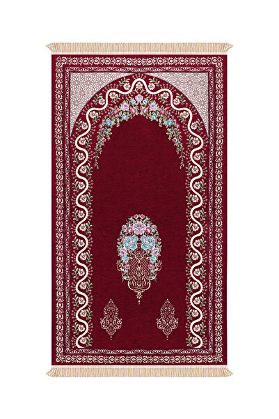 Bursa İpek سجادة صلاة خاصة منسوج بنمط إكليل الجبل المطرز باللون العنابي