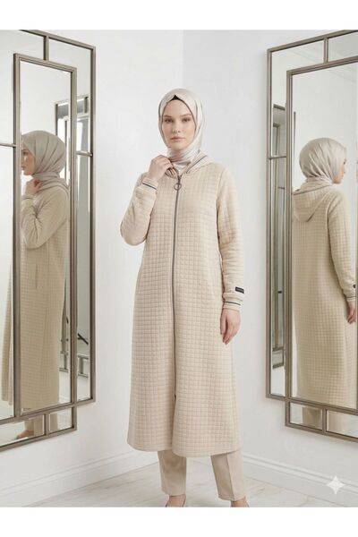 wishne Baklava Desenli Kapitone Uzun Kap - Fermuarlı Kapüşonlu Mevsimlik Pardösü