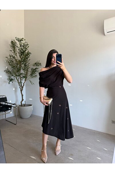 Bade Butik Καφέ φόρεμα ντραπέ μακρύ