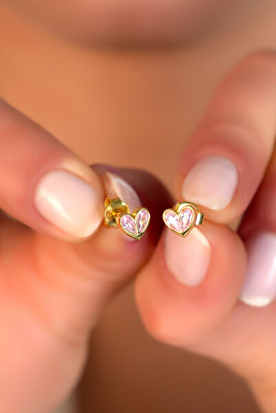 SUNSHINE 925 Ayar Gümüş ,Gold Kaplamalı Pembe Taşlı Kalp Minimal Tasarım Küpe