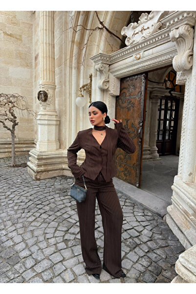 kırmızı butiks Καφέ Ριγέ Μπλέιζερ Τριπλό Σετ