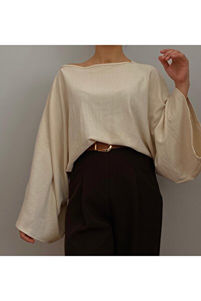 ALYA BUTİK Kayık Yaka Yarasa Kol Bluz(Bej)