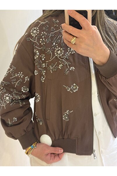 Bade Butik Καφέ μπουφάν μπόμπερ με χάντρες