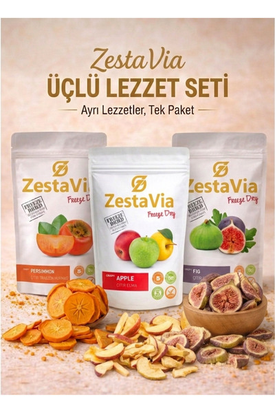 Freeze Dried 3'Lü Çıtır Lezzet! Dondurularak kurutulmuş Çıtır Elma, İncir, Trabzon Hurması 20g