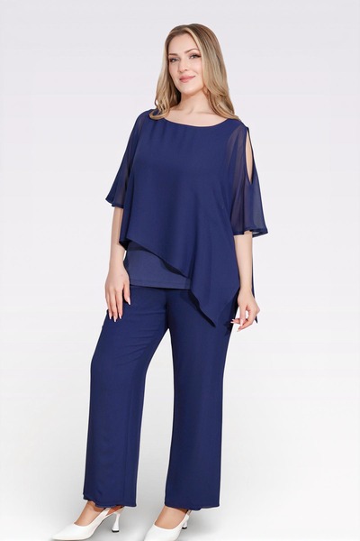 TOLGA SARAÇOĞLU 30094 Dark Blue Chiffon Pants with Elastic Waist and Tube-Leg...