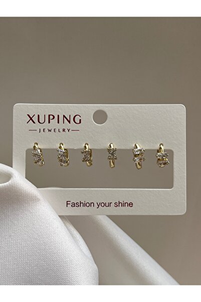 yeknova Xuping 14K Gold Renginde Taşlı 3 Çift (6adet) Kararmaz Kadın Halka Kü...