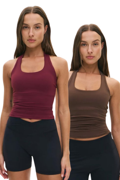 Madmext Set de 2 maiouri pentru femei, cu guler halter, culoare burgundy/maro...