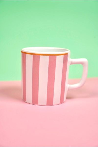 Vivas KULPLU MODEL—Pembe Beyaz Çizgili Double Fincan Espresso Double Türk Kah...