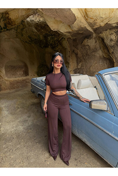 kırmızı butiks Καφέ Ριγέ Μοντάλ Σετ Δύο Τεμαχίων