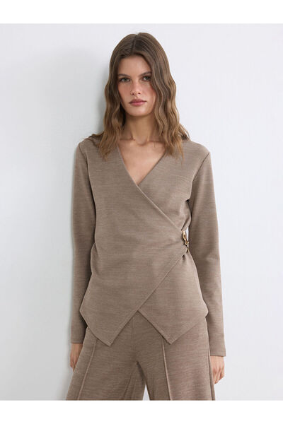LC Waikiki LCW EVERYDAY Kahverengi Kruvaze Yaka Metal Aplikeli Bluz