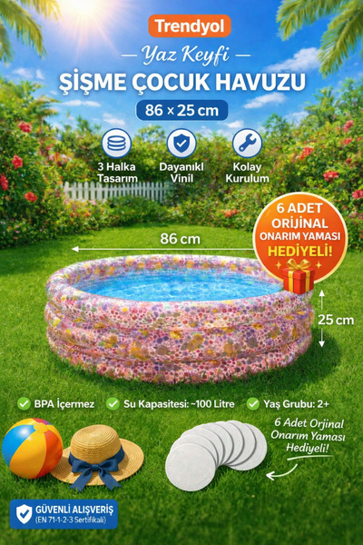 TOTTERİQ Çiçek desenli 86x25 cm Şişme Çocuk Havuzu Bahçe Havuzu 6 Adet Orijin...