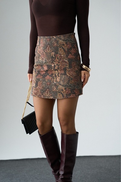 Bliss Dale Bordo- Siyah Etnik Desenli Etek