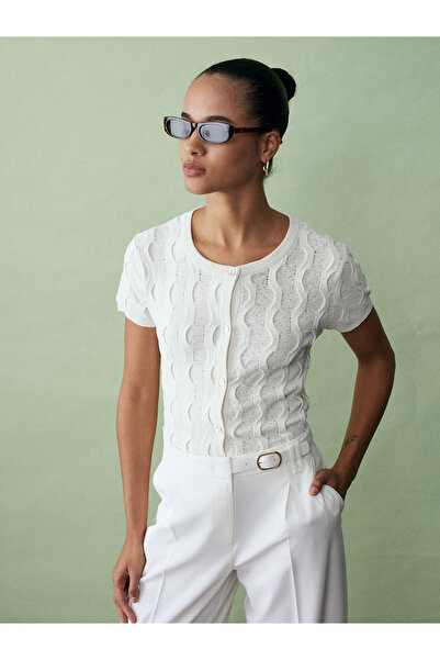 Dilvin 60980 Crew Neck Textured Button Knitwear Cardigan-Ecru