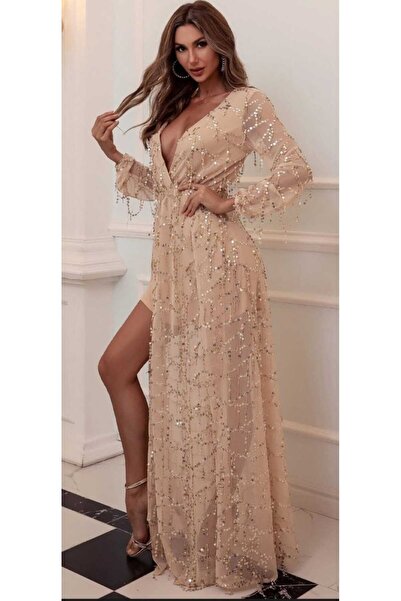 Hanife Glam Couture Hanife Glam uzun kollu göğüs dekolteli uzun elbise